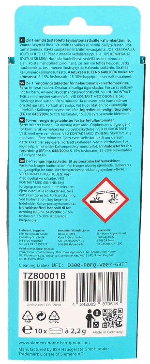 Tabletki czyszczące do ekspresu Siemens Bosch TZ80001N 2in1 opakowanie widok 2