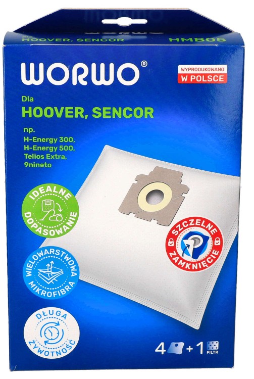 Worki do odkurzacza Hoover Telios Extra H81 4 szt + filtr wlotowy pudełko przód