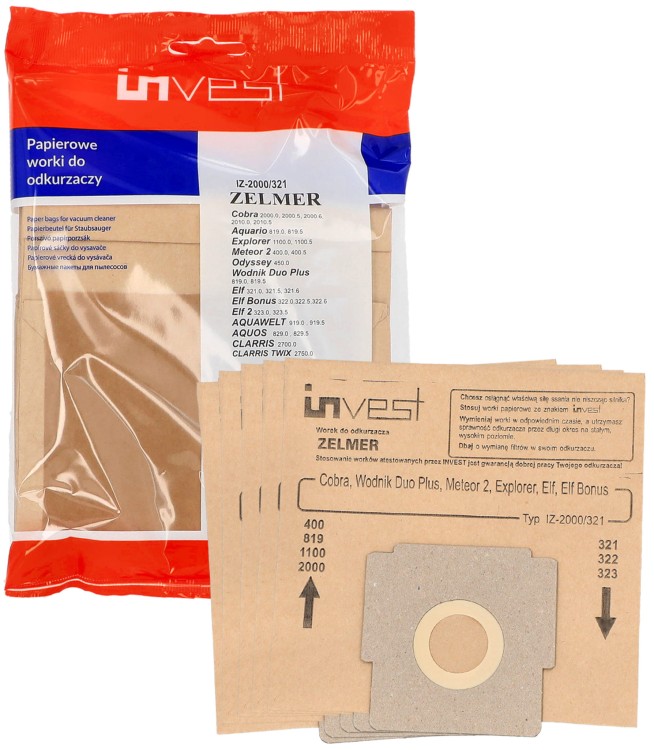 Worki Invest IZ-2000/321 papierowe do odkurzacza Zelmer Elf Odyssey Meteor2 Cobra 2000 5 szt