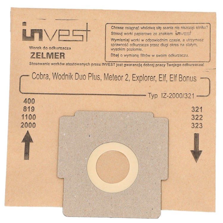Worek Invest IZ-2000/321 papierowy do odkurzacza Zelmer Elf Odyssey Meteor2 Cobra 2000