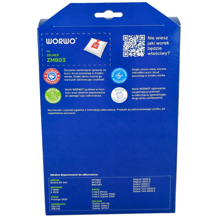 Worki do odkurzacza Zelmer Jupiter Solaris 49.4200 ZMB03K 4szt opakowanie tył