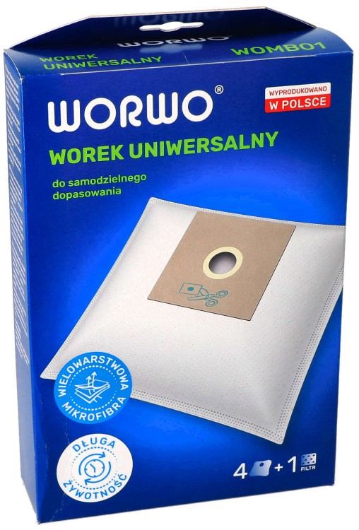 Worki do odkurzacza uniwersalne WOMB01K 4szt + filtr - opakowanie przód