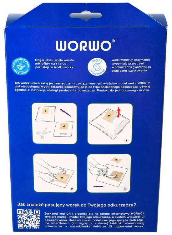 Worki do odkurzacza uniwersalne WOMB01K 4szt + filtr opakowanie tył