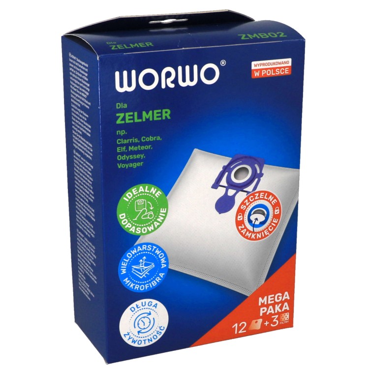Worki do odkurzacza Zelmer Odyssey x12 + filtr wlotowy x3 opakowanie przód
