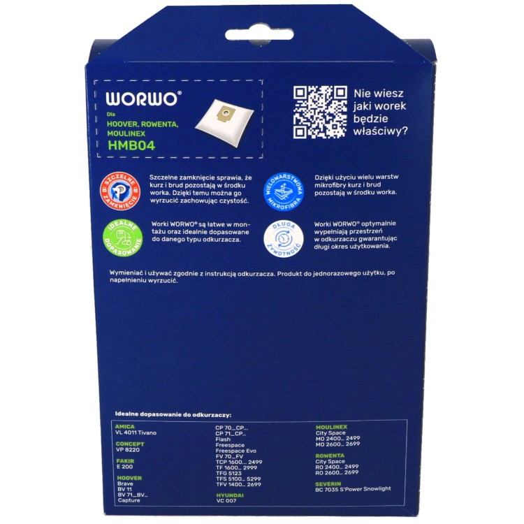 Worki do odkurzacza Hoover H58 H63 H64 LIV Worwo HMB04K opakowanie tył