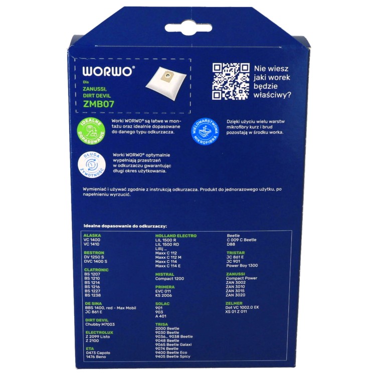 Worki do odkurzacza Zelmer XS XS01Z011 DOT VC 1002 CL02 4 szt opakowanie tył