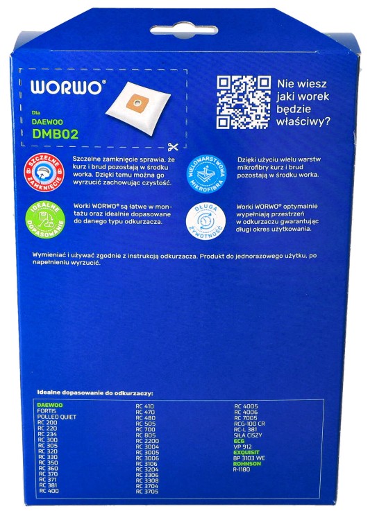 Worki do odkurzacza Daewoo Fortis RC Worwo DMB02K 4szt + filtr opakowanie tył