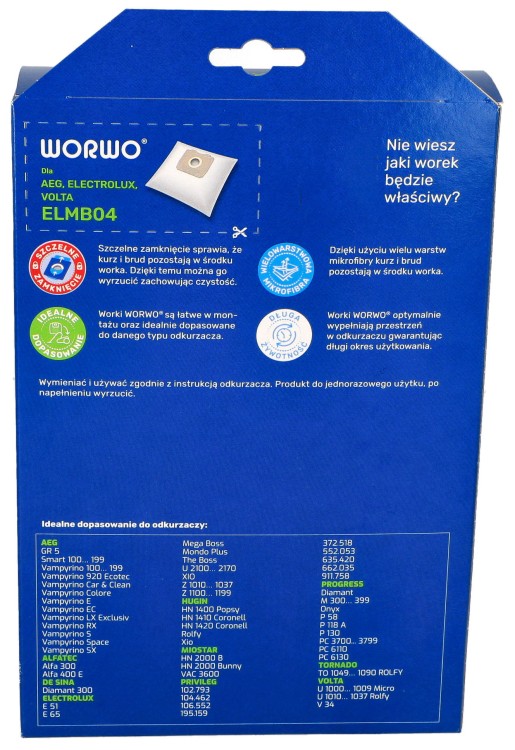 Worki do odkurzacza Electrolux E51 E53 XIO AEG ELMB04K 4szt opakowanie tył