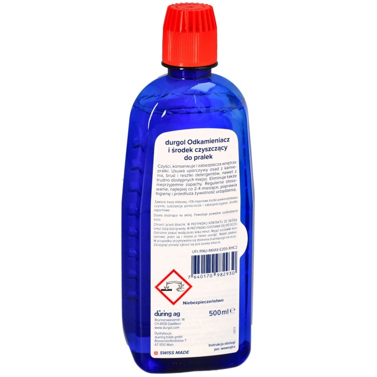 Preparat płyn do czyszczenia i odkamieniania pralki pralek Durgol 500 ml - tył