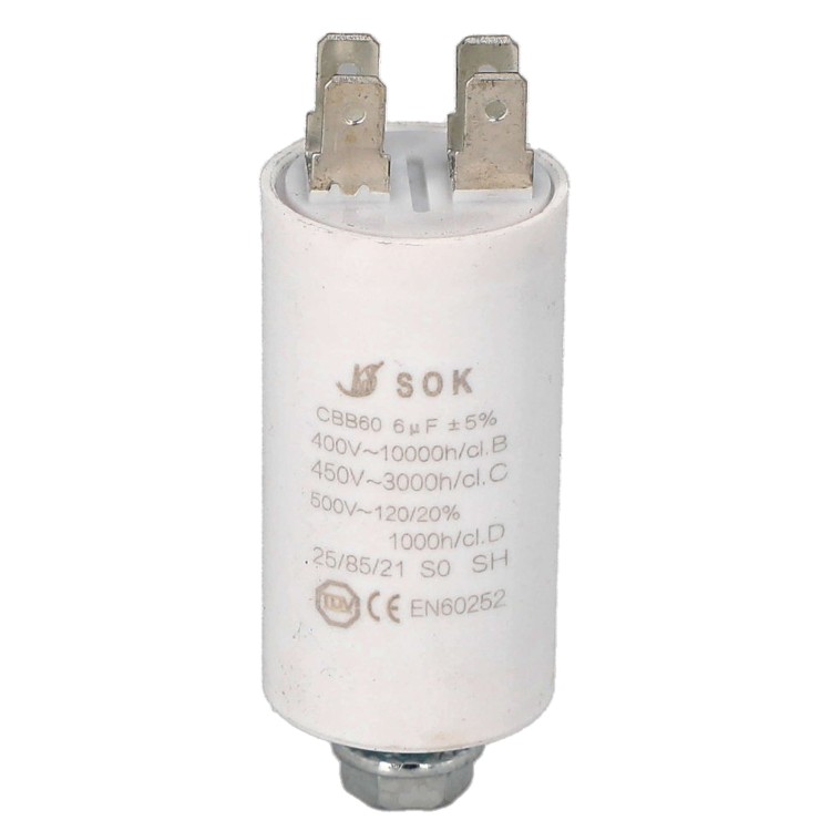 Kondensator rozruchowy do silnika 6uF 450V CBB60 - przód z góry