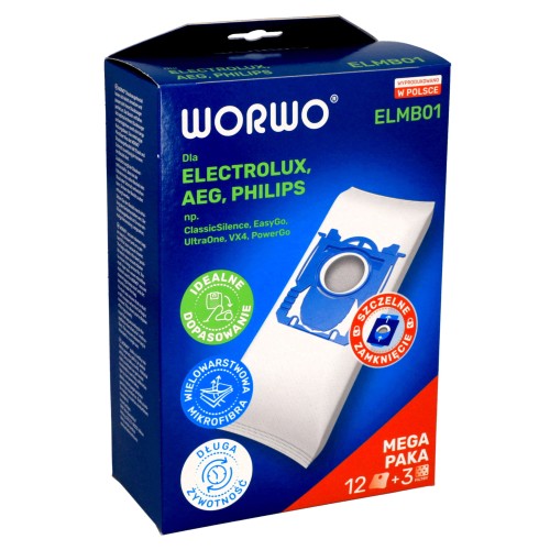 12x Worki do odkurzacza Electrolux Philips + 3x filtr wlotowy opakowanie przód
