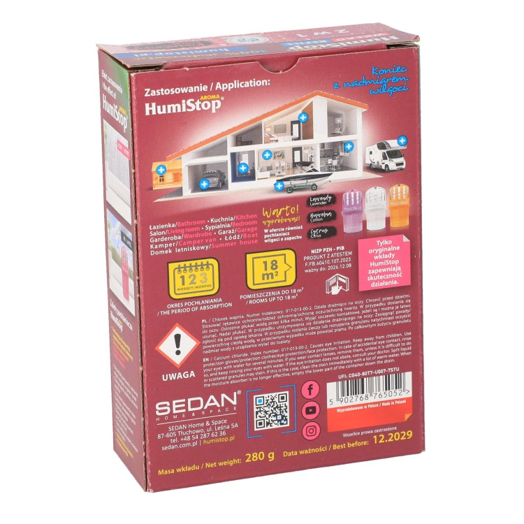 Wkład do pochłaniacza wilgoci HumiStop 280g kwiatowy Sedan - pudełko bok