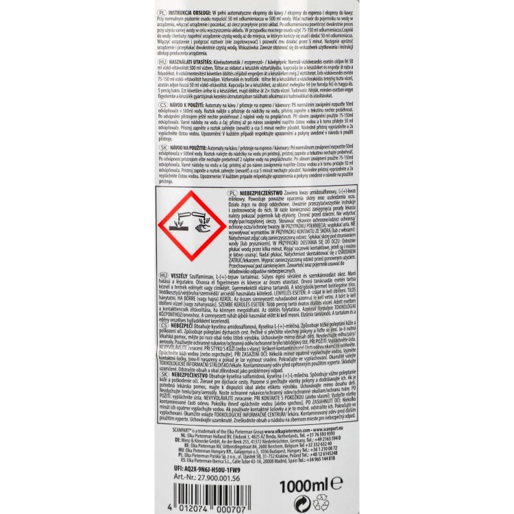 Odkamieniacz ScanPart do ekspresu Saeco Bosch Delonghi Krups 1000 ml - etykieta