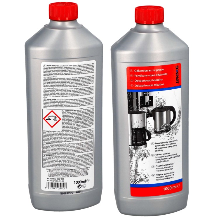 Odkamieniacz ScanPart do ekspresu Saeco Bosch Delonghi Krups 1000 ml - butelka z przodu i z tyłu
