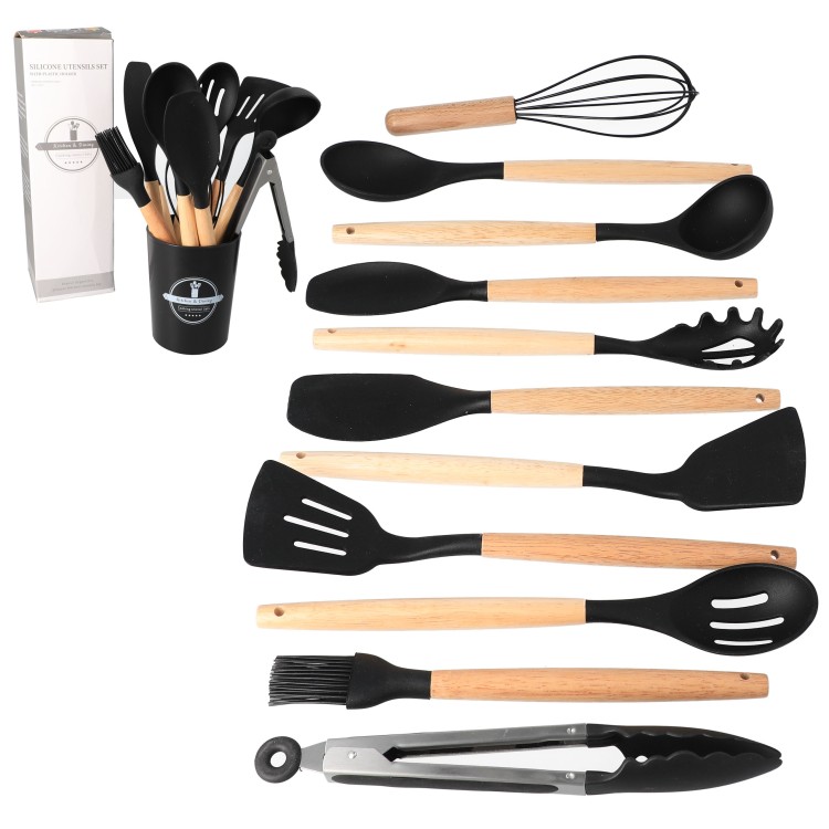 Zestaw przybory kuchenne silikonowe drewniane pojemnik 12 szt