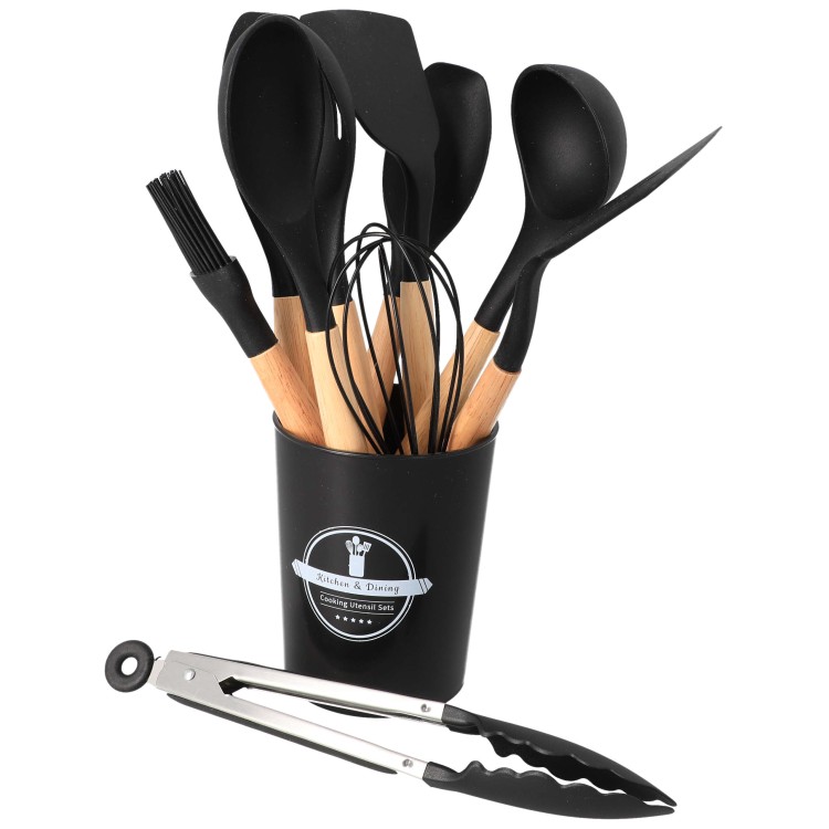 Zestaw przybory kuchenne silikonowe drewniane pojemnik 12 szt - prezentacja w pojemniku stojącym