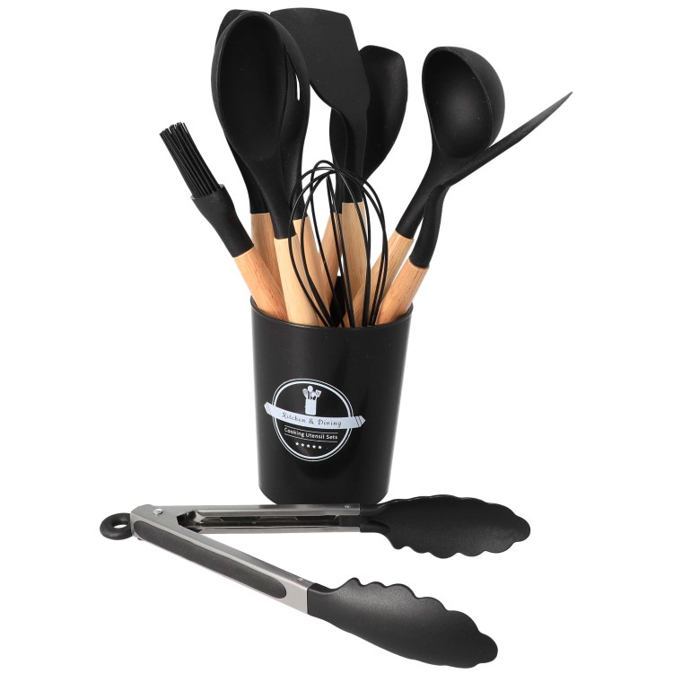 Zestaw przybory kuchenne silikonowe drewniane pojemnik 12 szt - prezentacja w pojemniku stojącym szczypce otwarte