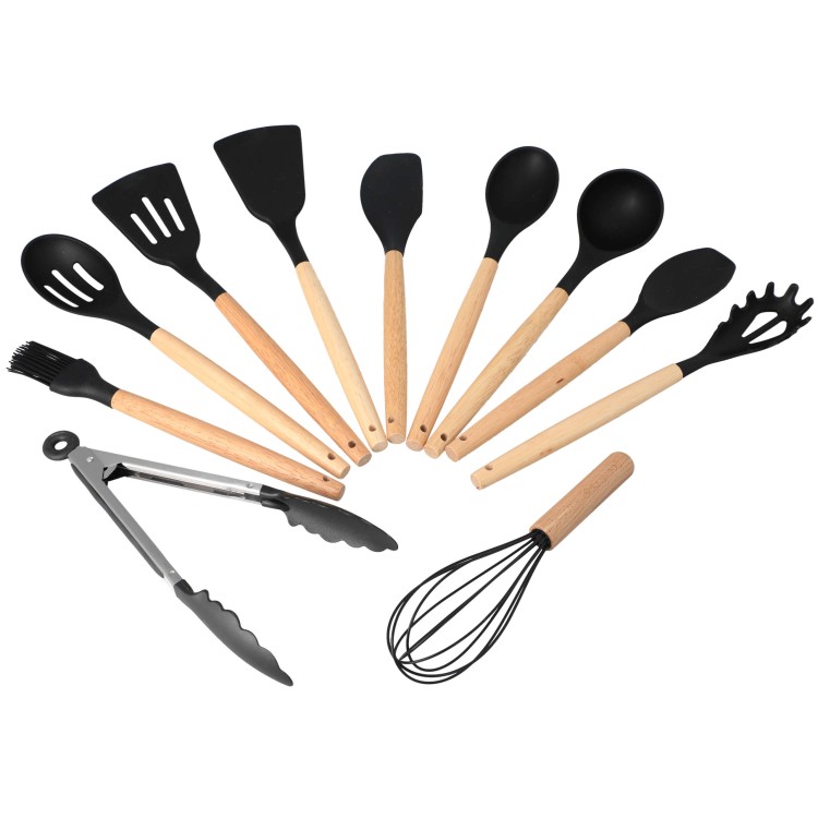 Zestaw przybory kuchenne silikonowe drewniane pojemnik 12 szt - prezentacja produktu wachlarz2