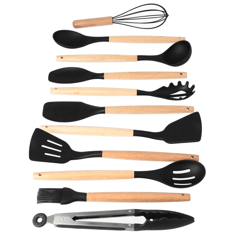 Zestaw przybory kuchenne silikonowe drewniane pojemnik 12 szt - prezentacja produktu rządek