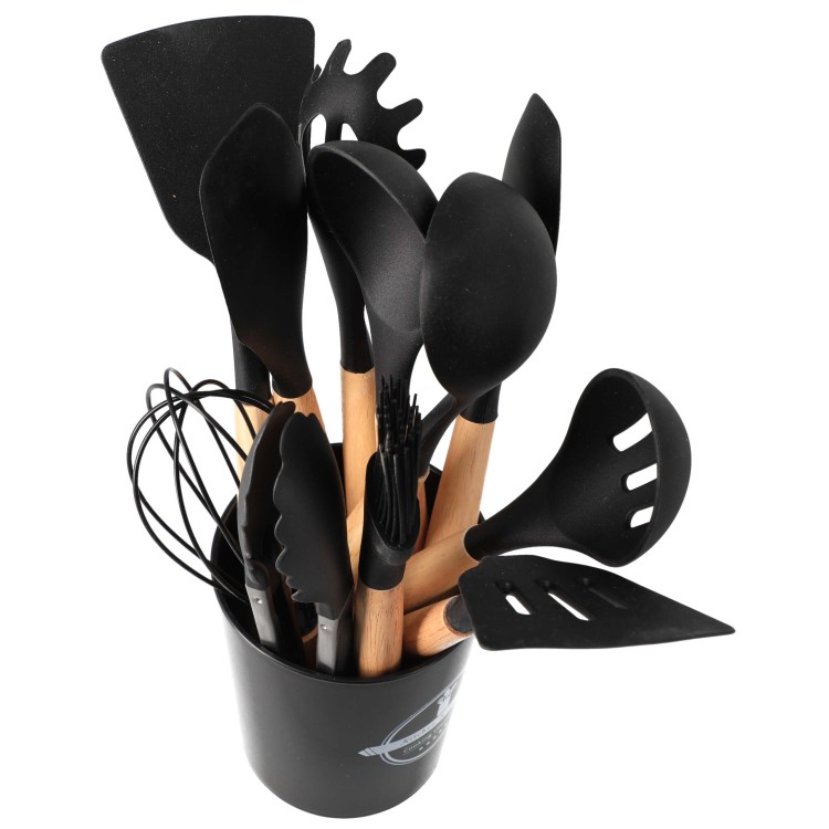 Zestaw przybory kuchenne silikonowe drewniane pojemnik 12 szt - widok z góry