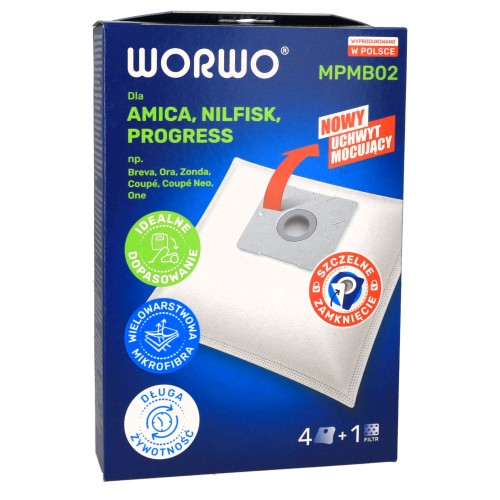 Worki do odkurzacza Amica Worwo MPMB02K 4szt + filtr wlotowy - pudełko przód