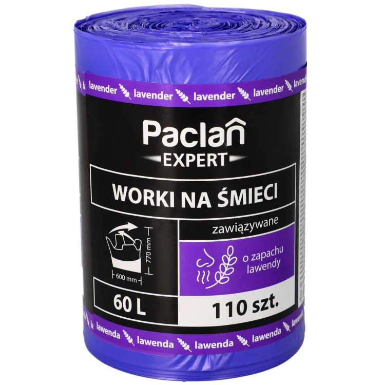 Worki na śmieci mieszane 60L 110szt zapach lawendowy mocne Paclan Exper - przód