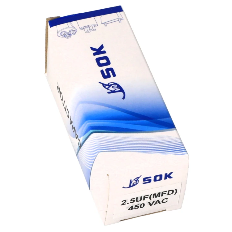 Kondensator rozruchowy silnika 2,5uF 450V z kablem - pudełko bok
