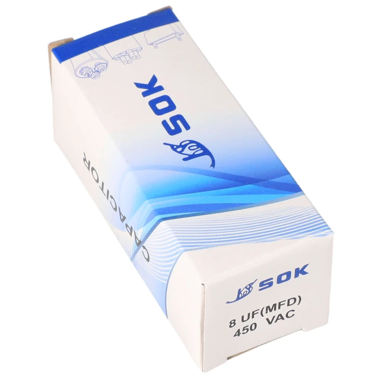 Kondensator rozruchowy silnika 8uF 450V z kablem - pudełko bok