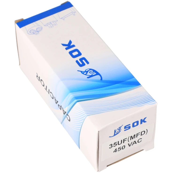 Kondensator rozruchowy silnika 35uF 450V z kablem wysokonapięciowy - pudełko bok