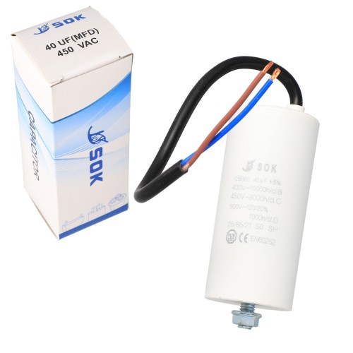 Kondensator rozruchowy silnika 40uF 450V z kablem wysokonapięciowy