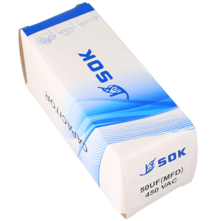Kondensator rozruchowy silnika 50uF 450V z kablem wysokonapięciowy - pudełko bok