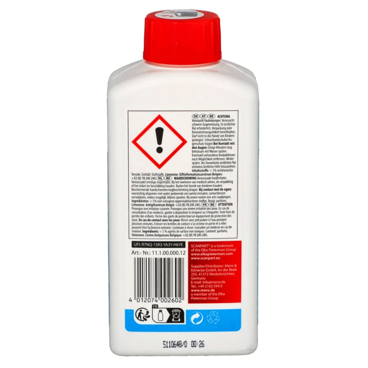 Płyn do czyszczenia zmywarki środek pielęgnujący uniwersalny Scanpart 250ml - tył butelki