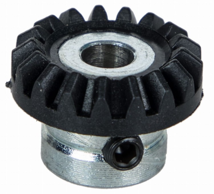 Koło zębate stożkowe napędzające chwytacz obrotowy wiążący nitkę podczas szycia maszyną.