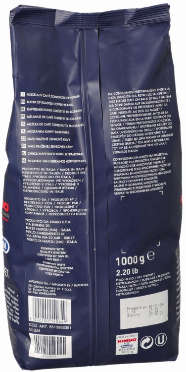 Kawa ziarnista Kimbo Delonghi Espresso Gourmet tył opakowania