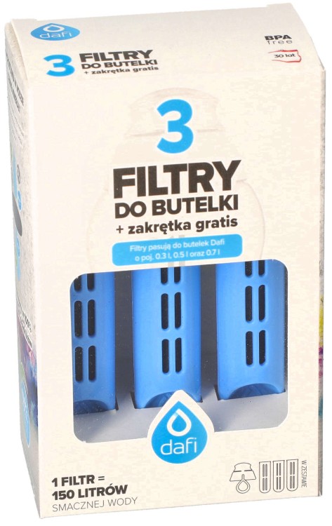 Filtr wody do butelki Dafi Soft Solid niebieski 3szt + nakrętka opakowanie widok1