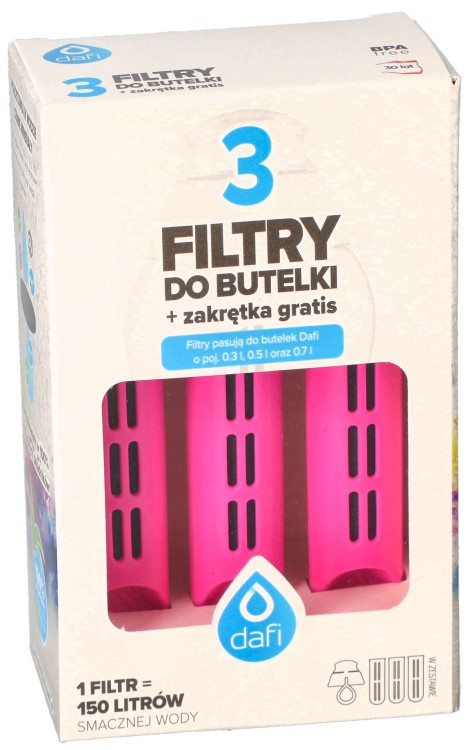 Filtr wody do butelki Dafi Soft Solid flamingowy 3szt + nakrętka opakowanie widok1