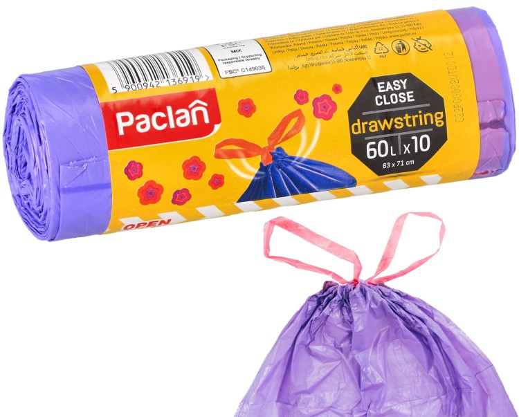 Worki na śmieci zapachowe z taśmą 60 l mocne Paclan 36919