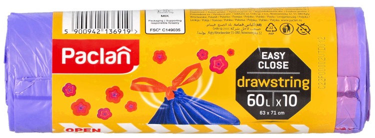 Worki na śmieci zapachowe z taśmą 60 l mocne Paclan 36919 opakowanie widok 1