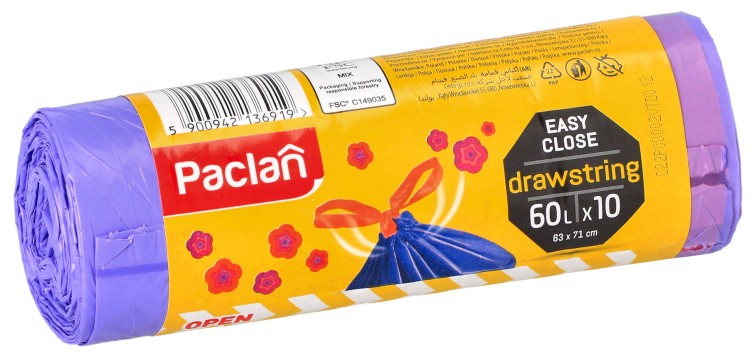 Worki na śmieci zapachowe z taśmą 60 l mocne Paclan 36919 10 szt opakowanie widok 1