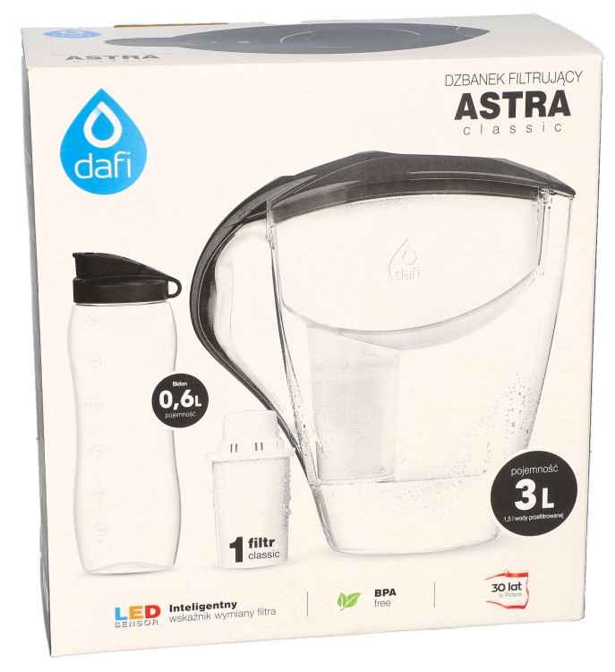 Dzbanek filtrujący wodę Dafi ASTRA LED Classic czarny 3 l + bidon + filtr opakowanie