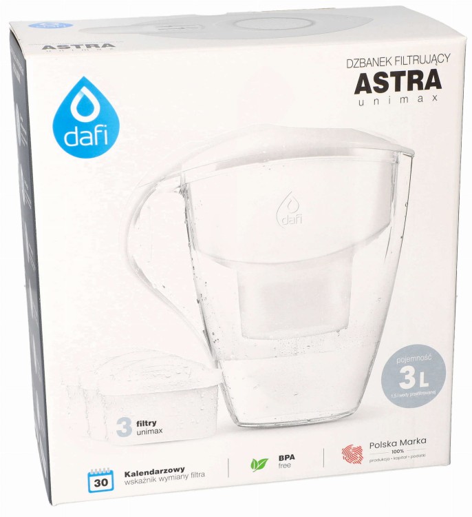 Dzbanek filtrujący wodę Dafi ASTRA biały 3 l + 3x filtr unimax opakowanie
