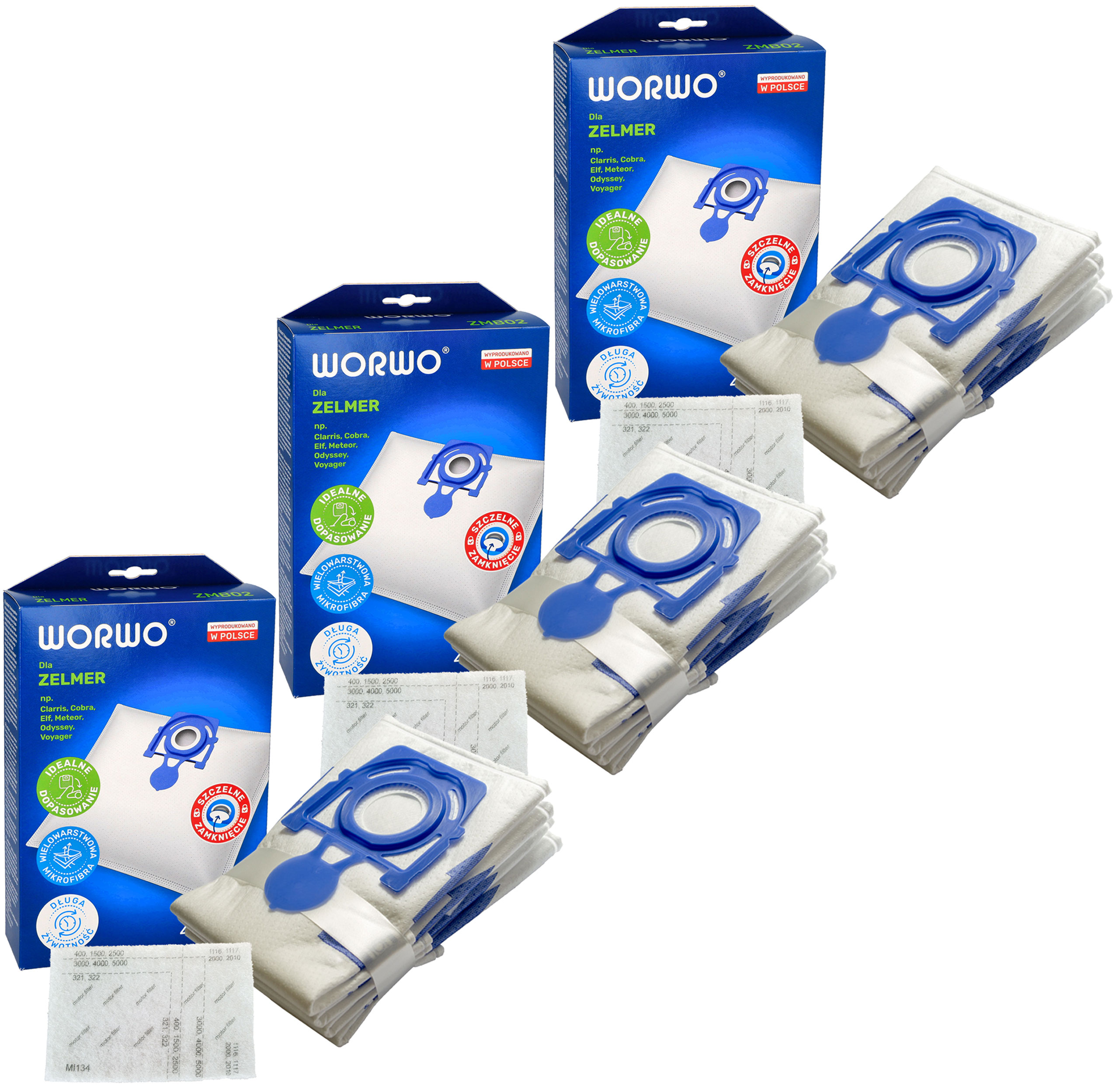 Worki syntetyczne ZMB02K do odkurzacza Zelmer Odyssey Elf 49.4000 12 sztuk + 3 filtry wlotowe