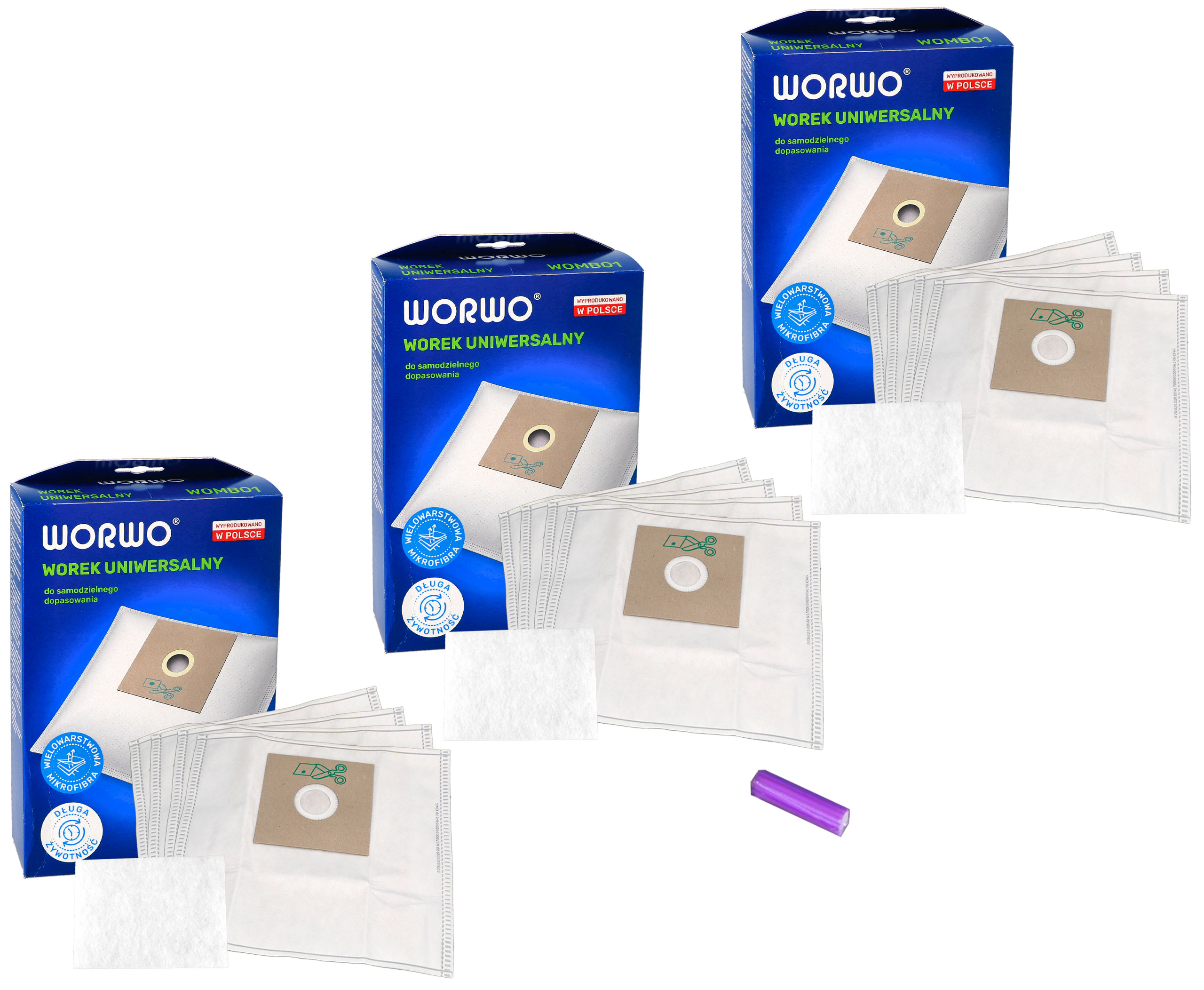 Worki syntetyczne do odkurzacza uniwersalne WOMB01K 12 szt + 3 filtry wlotowe + zapach