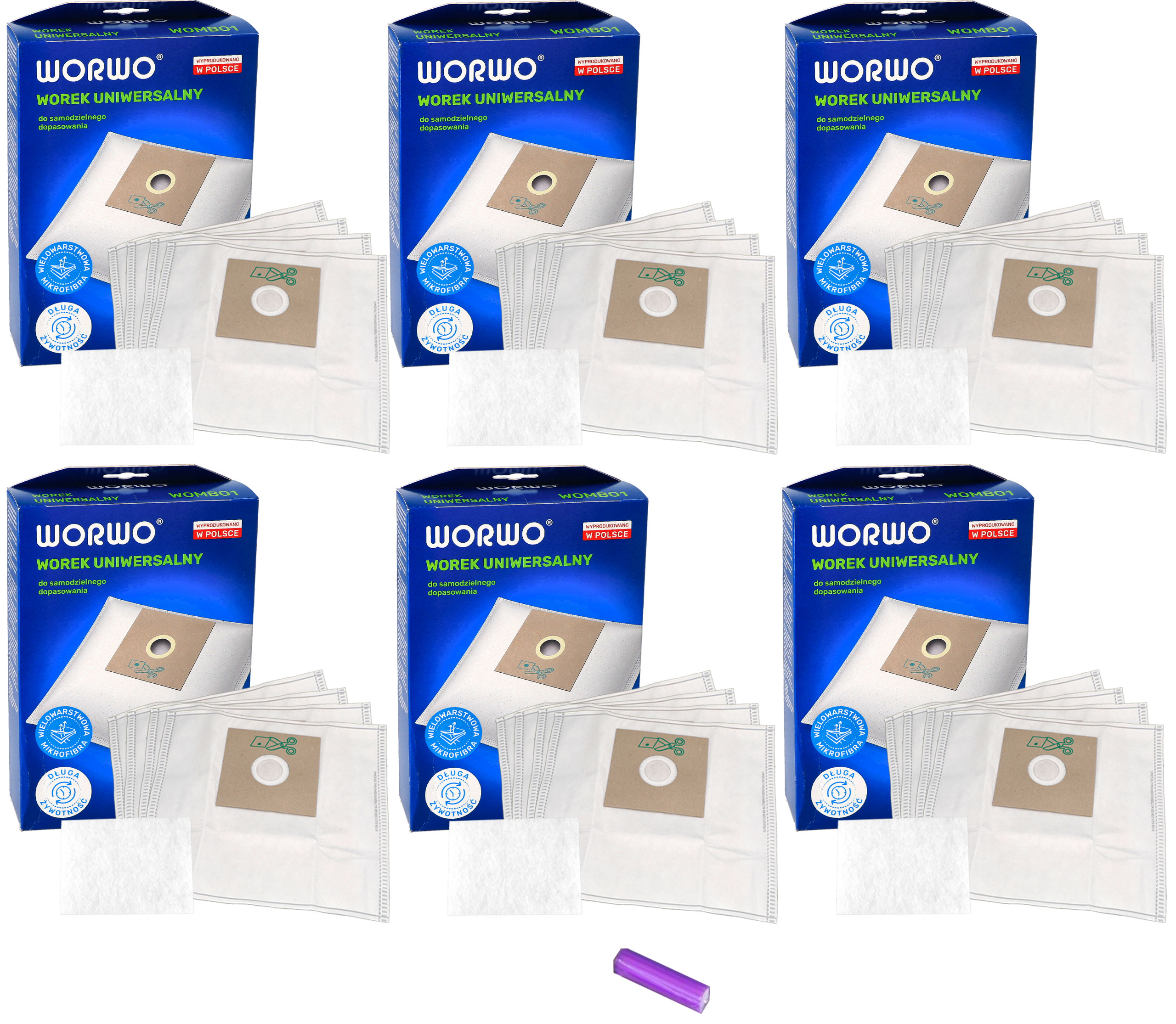 Worki syntetyczne do odkurzacza uniwersalne WOMB01K 24 szt + 6 filtrów wlotowych + zapach