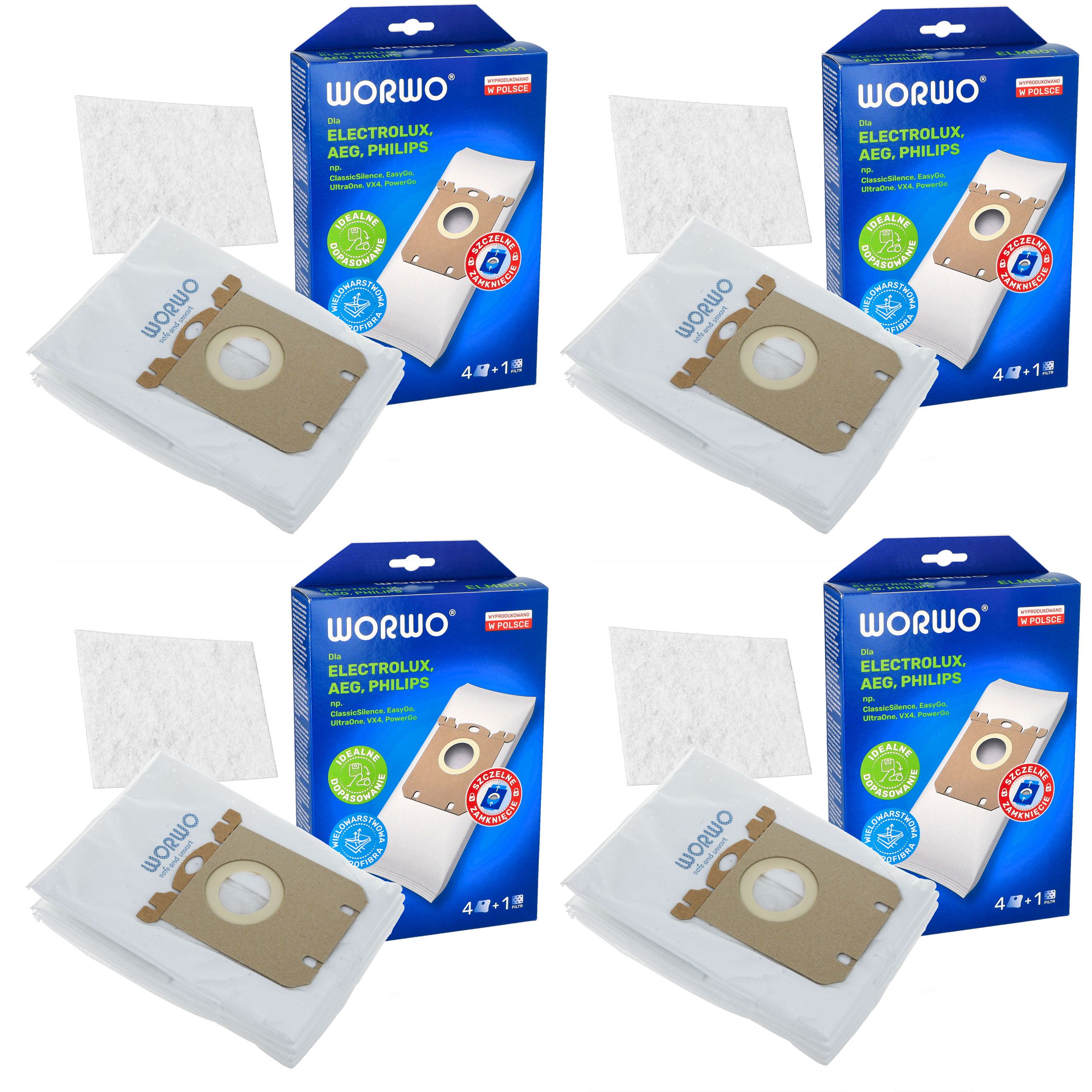 Worki syntetyczne do odkurzacza Electrolux Aeg Philips Worwo ELMB01K 16 szt + 4 filtry wlotowe