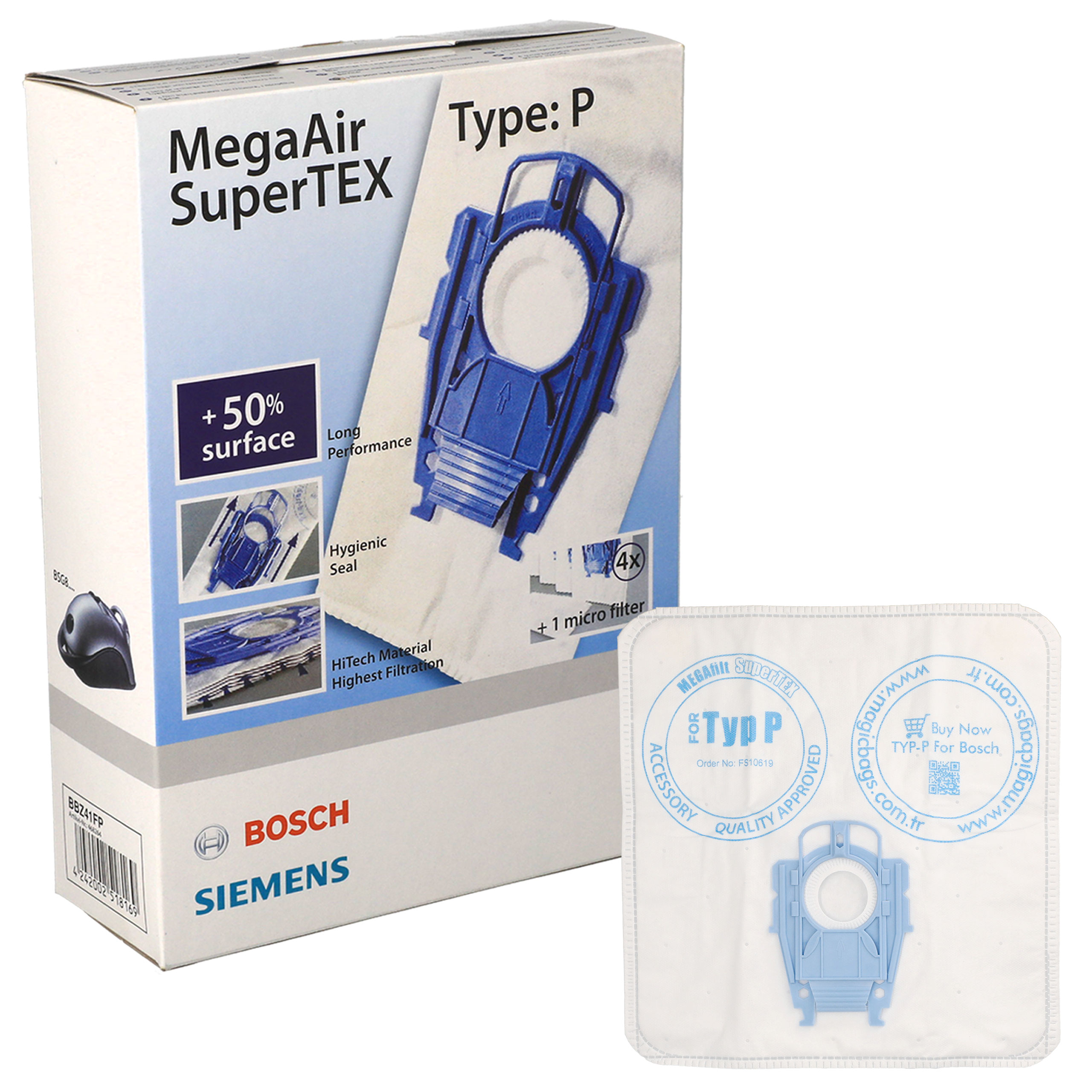 Oryginalne worki Bosch MegaAir SuperTEX BBZ41FP Typ P 4 szt + filtr
