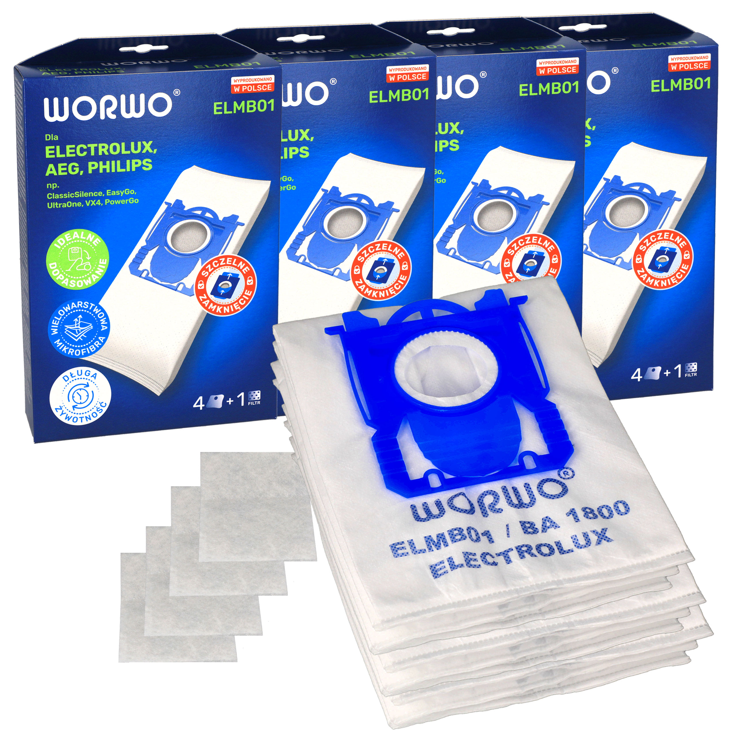 Worki syntetyczne do odkurzacza Electrolux Aeg Philips Worwo ELMB01K 16 szt + 4 filtry wlotowe