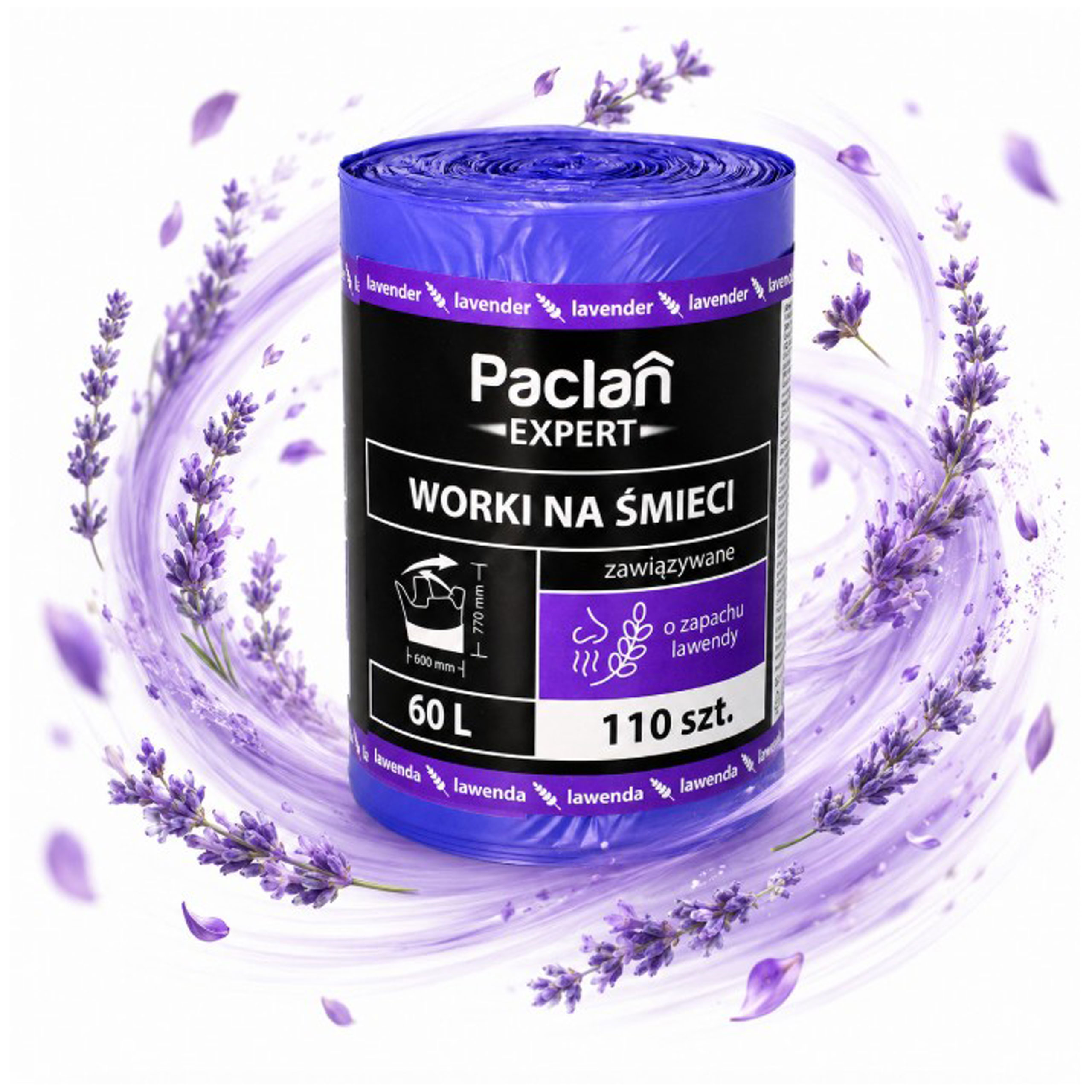 Worki na śmieci mieszane 60L 110szt zapach lawendowy mocne Paclan Expert