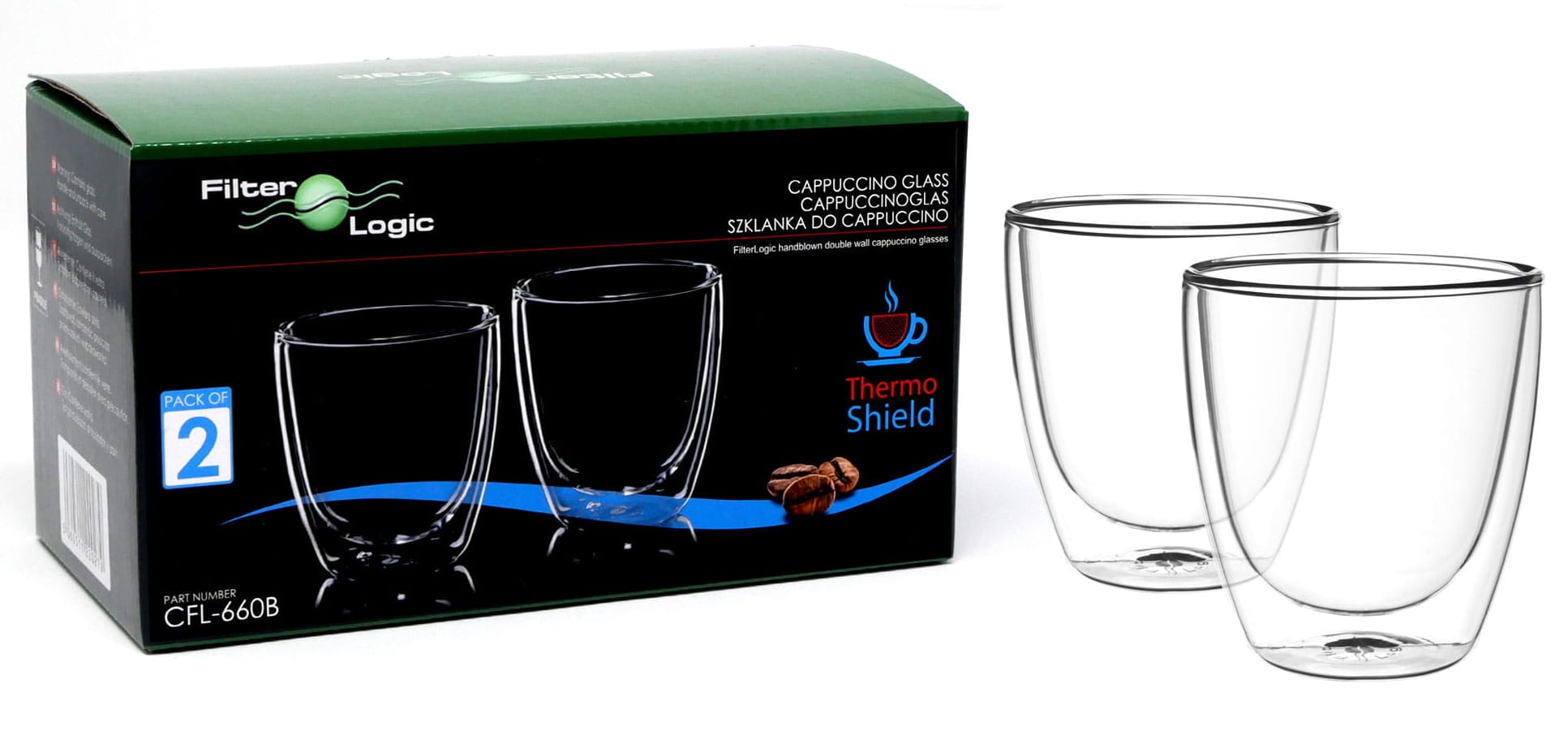 Filtri Da Caffè In Vetro Borosilicato FilterLogic CFL660 ThermoShield Doppia Parete, 2 Pezzi, Lavabili In Lavastoviglie